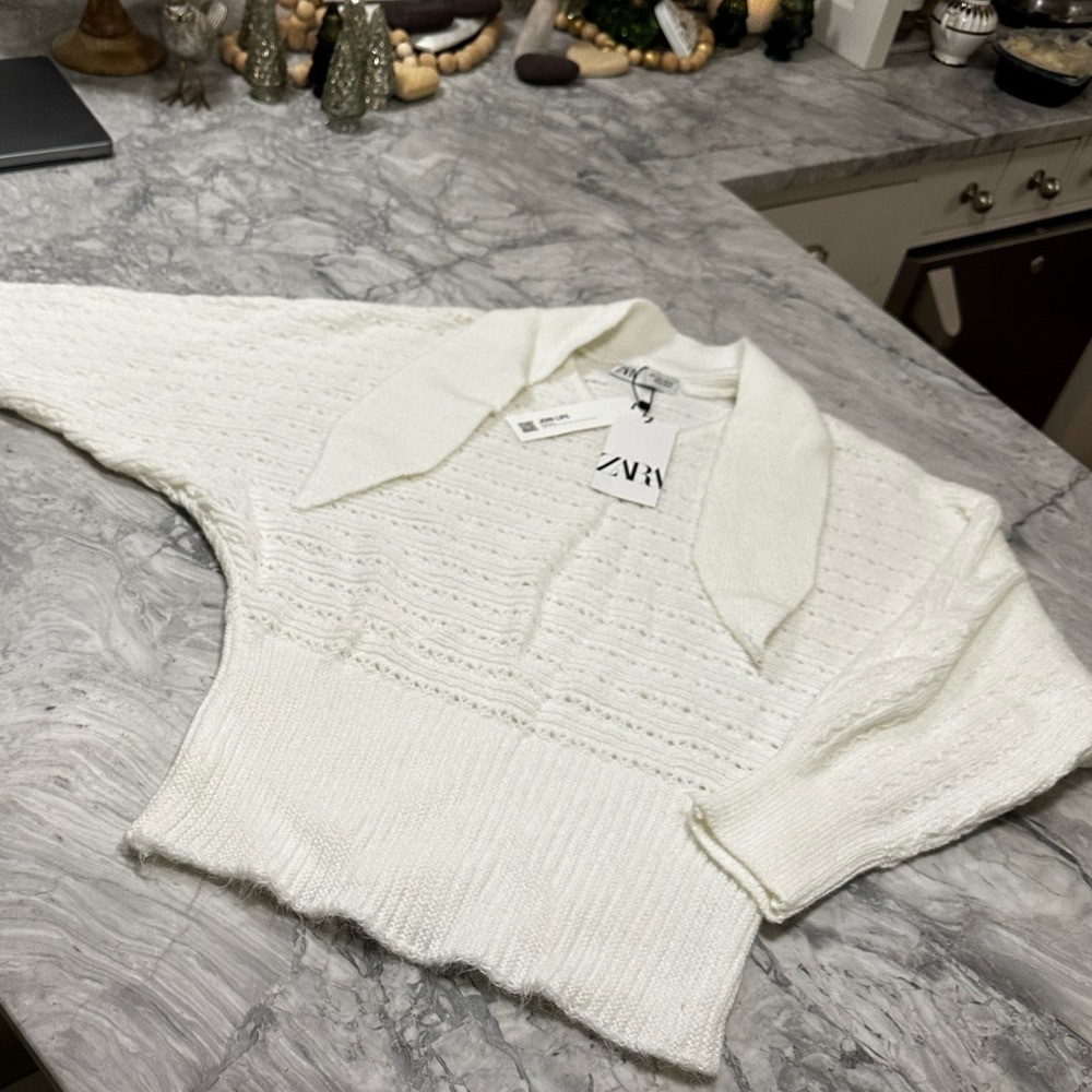 NWT Zara Off-White Sweater with Tie Neck, Large